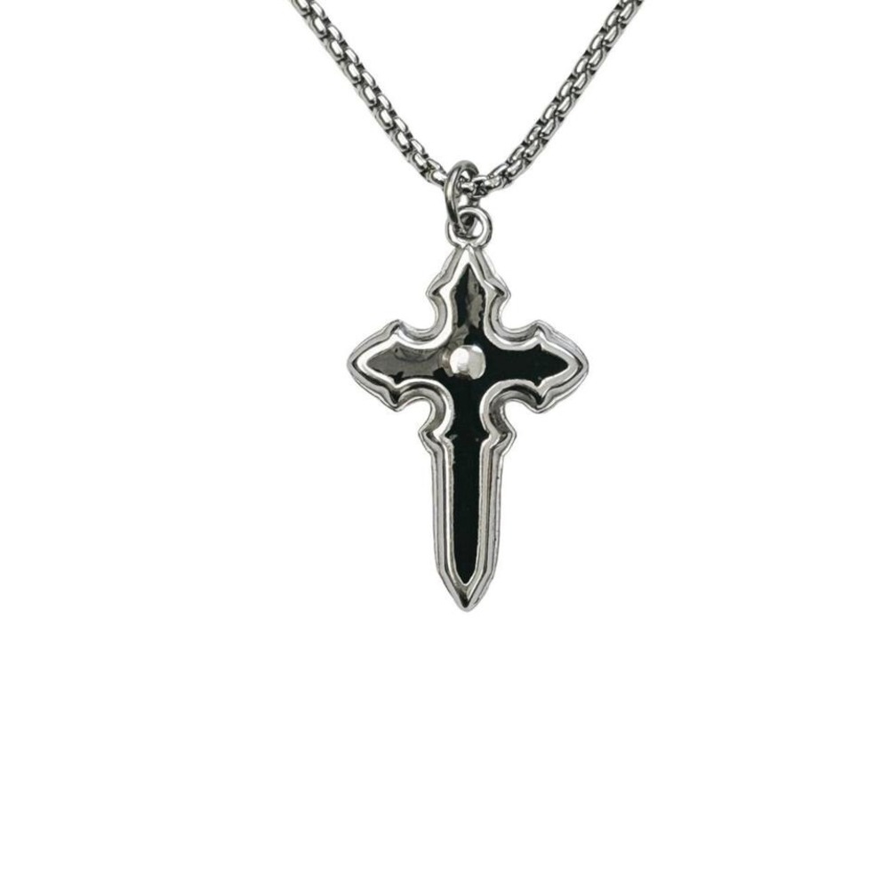 silver cross necklace black enamel stainless steel non-tarnish waterproof grunge